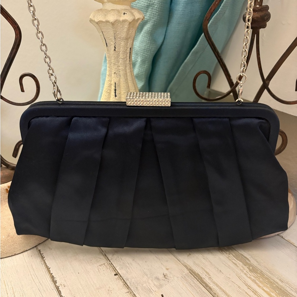 Navy Satin Pleated Evening Clutch with Rhinestone Clasp